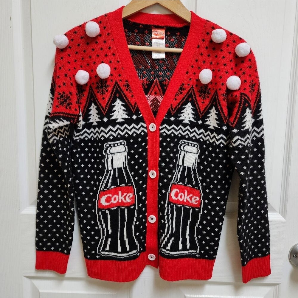 Coca Cola Cardigan Sweater XS Red Black White Bears Real Thing Pom Poms Novelty